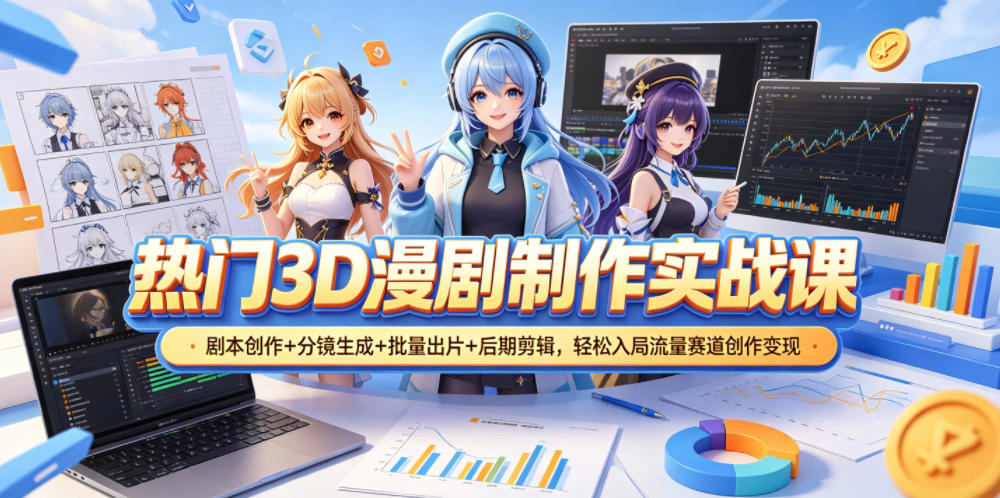 热门3D漫剧制作实战课，剧本创作+分镜生成+批量出片+后期剪辑，轻松入局流量赛道创作变现-三禾网络
