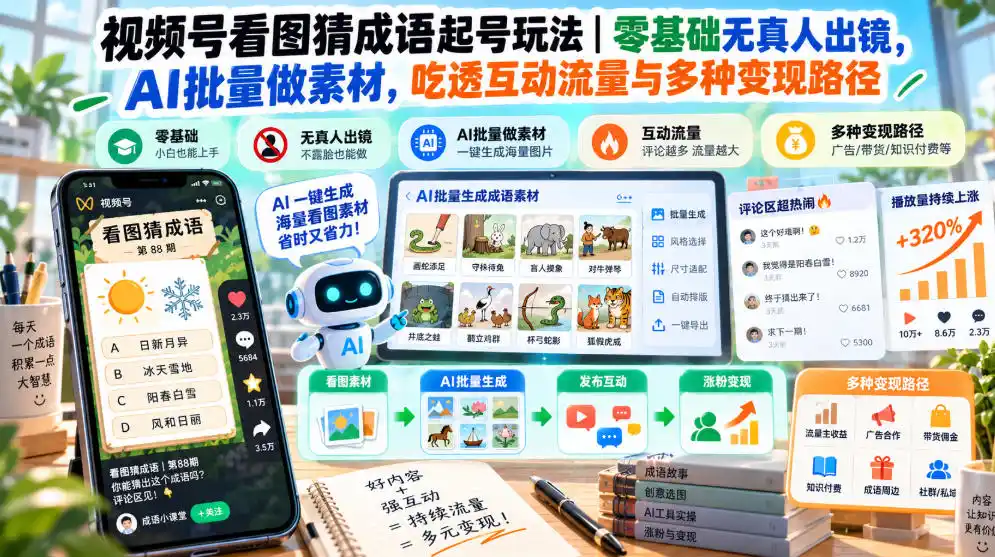 视频号看图猜成语起号玩法｜零基础无真人出镜，AI批量做素材，吃透互动流量与多种变现路径-三禾网络