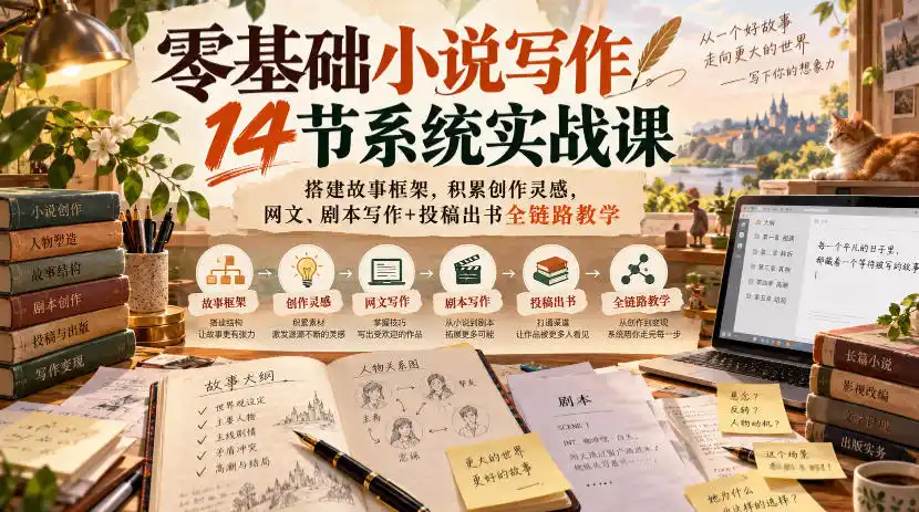 零基础小说写作14节系统实战课，搭建故事框架，积累创作灵感，网文、剧本写作+投稿出书全链路教学-三禾网络