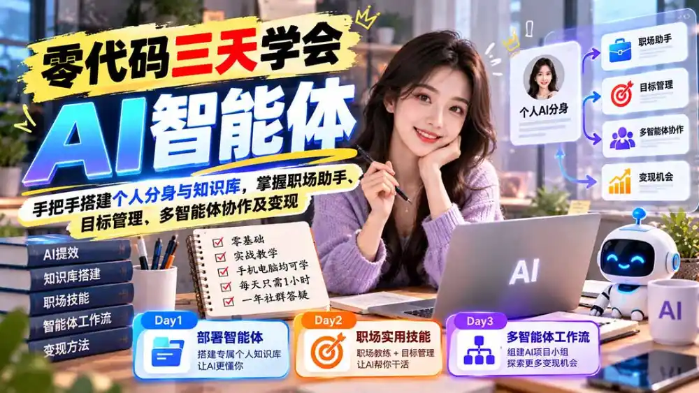 【无水印】零代码三天学会AI智能体：手把手搭建个人分身与知识库，掌握职场助手、目标管理、多智能体协作及变现-三禾网络