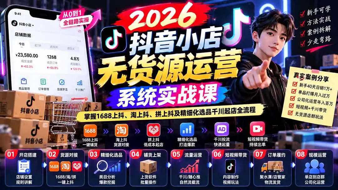 【无水印】2026抖音小店无货源运营系统实战课：掌握1688上抖、淘上抖、拼上抖及精细化选品千川起店全流程-三禾网络