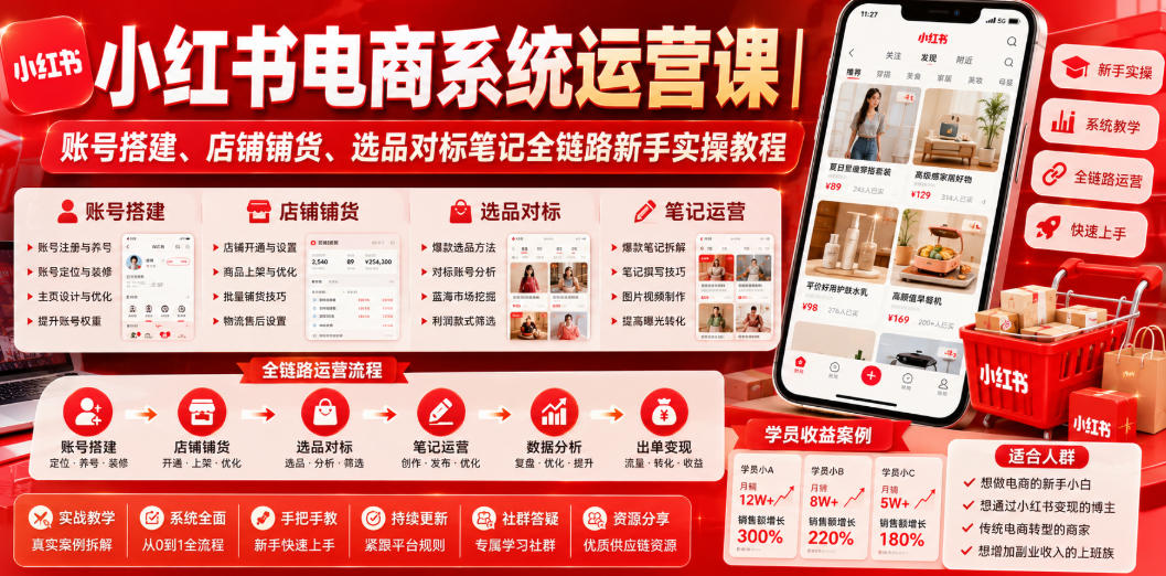 小红书电商系统运营课｜账号搭建、店铺铺货、选品对标笔记全链路新手实操教程-三禾网络