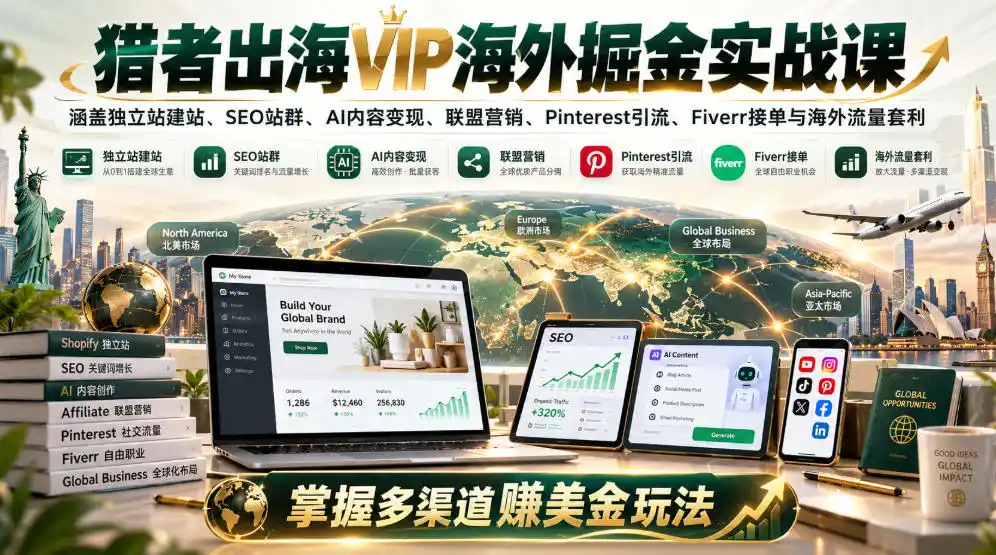 猎者出海VIP海外掘金实战课：涵盖独立站、SEO站群、AI变现、联盟营销、Pinterest引流、Fiverr接单与海外流量套利，掌握多渠道賺美金玩法-三禾网络