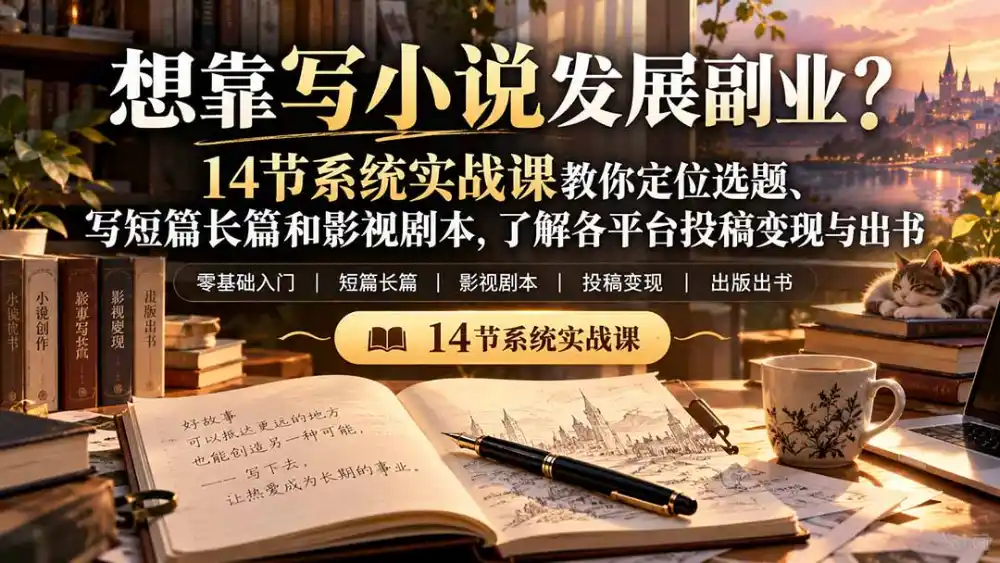 【无水印】想靠写小说发展副业？14节系统实战课教你定位选题、写短篇长篇和影视剧本，了解各平台投稿变现与出书-三禾网络