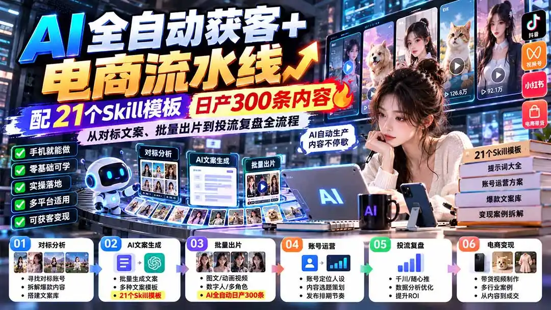 【无水印】AI全自动获客+电商流水线：配21个Skill模板，日产300条内容，从对标文案、批量出片到投流复盘全流程-三禾网络