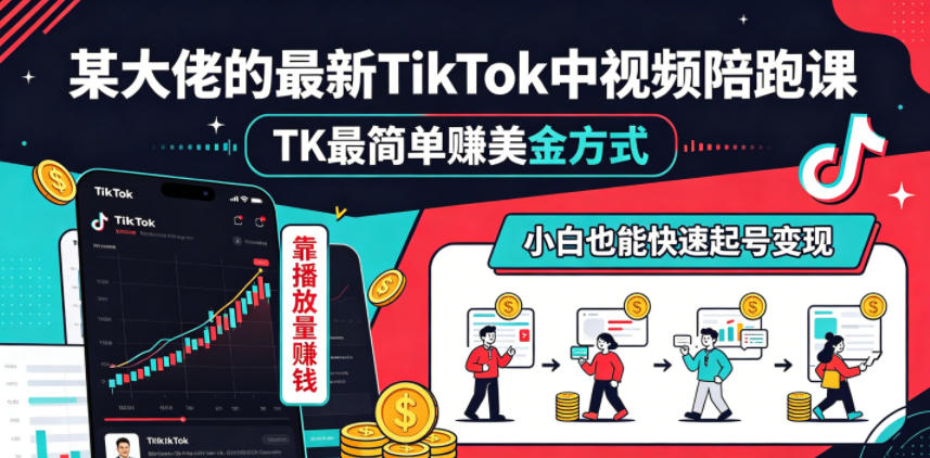 某大佬的最新TikTok中视频陪跑课，TK最简单賺美金方式，靠播放量賺钱，小白也能快速起号变现-三禾网络