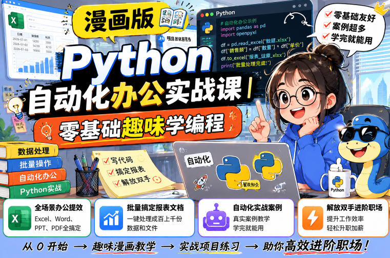 漫画版Python自动化办公实战课｜零基础趣味学编程，全场景办公提效、批量搞定报表文档、解放双手进阶职场-三禾网络