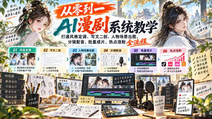 从零到一AI漫剧系统教学，打通风格定调、写文二创、人物场景出图、分镜配音、批量成片、热点涨粉全流程-三禾网络