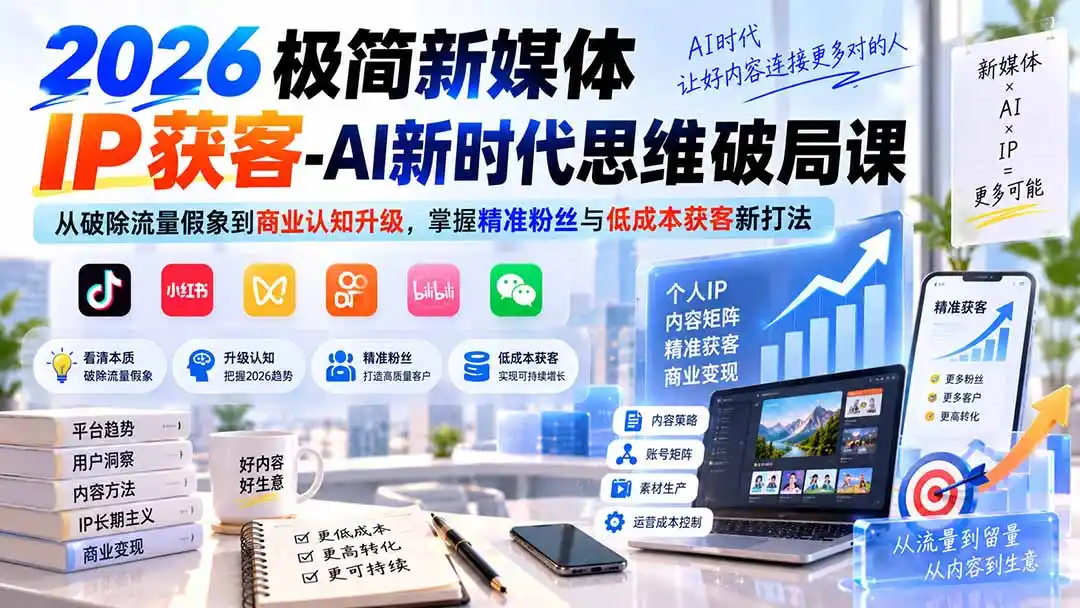 2026极简新媒体IP获客-AI新时代思维破局课：从破除流量假象到商业认知升级，掌握精准粉丝与低成本获客新打法-三禾网络