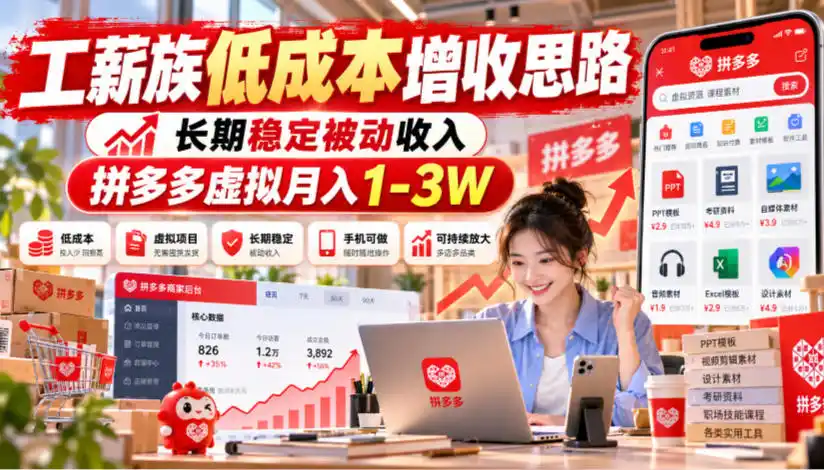 工薪族低成本增收思路,长期稳定被动收入,拼多多虚拟月入1-3W-三禾网络