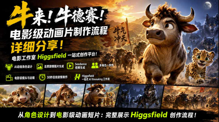牛来！牛德赛！电影级动画片制作流程详细分享！电影工作室Higgsfield一站式创作平台，完整创作流程-三禾网络