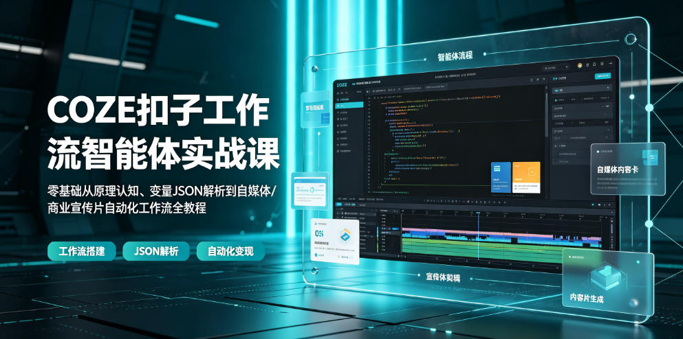 COZE扣子工作流智能体实战课｜零基础从原理认知、变量JSON解析到自媒体/商业宣传片自动化工作流全教程-三禾网络