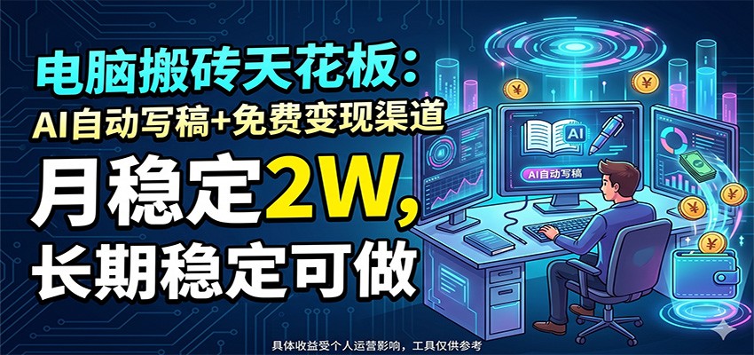 电脑搬砖天花板：AI自动写稿+免费变现渠道，月稳定2W，长期稳定可做-三禾网络