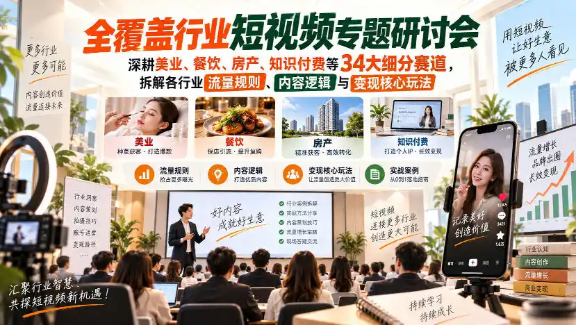 短视频专题研讨会，深耕美业、餐饮、房产、知识付费等34大细分赛道，拆解各行业流量规则、内容逻辑与变现核心玩法-三禾网络