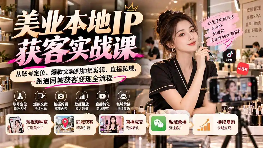 【无水印】美业本地IP获客实战课：从账号定位、爆款文案到拍摄剪辑、直播私域，跑通同城获客变现全流程-三禾网络