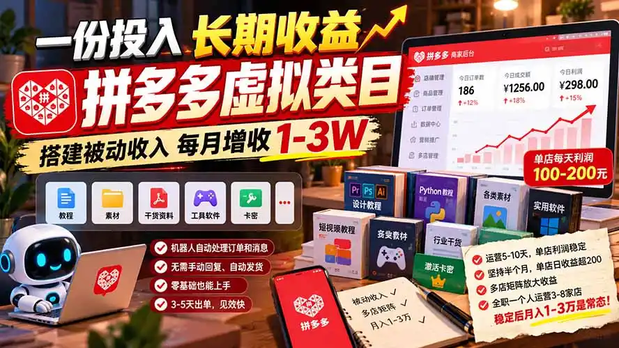 一份投入长期收益，拼多多虚拟类目，搭建被动收入每月增收 1-3W-三禾网络