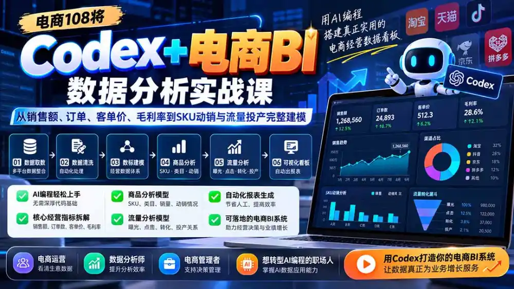 Codex+电商BI数据分析实战课-更新1026：从销售额、订单、客单价、毛利率到SKU动销与流量投产完整建模-三禾网络