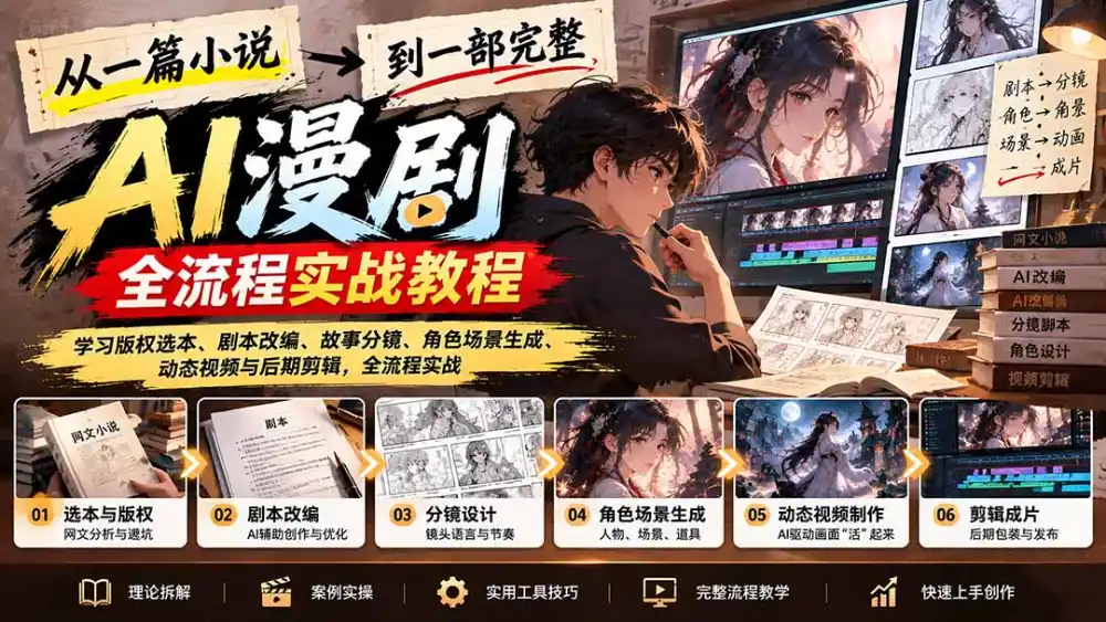 从一篇小说到一部完整AI漫剧：学习版权选本、剧本改编、故事分镜、角色场景生成、动态视频与后期剪辑-三禾网络