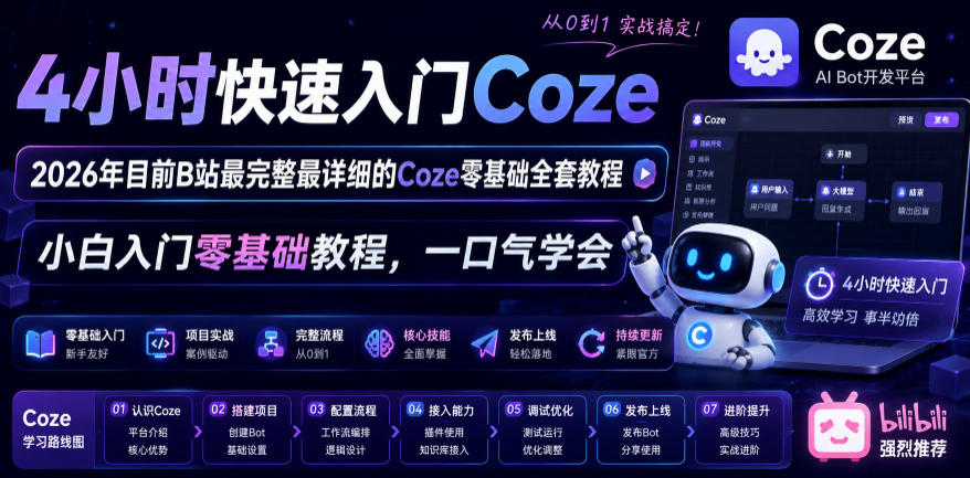 4小时快速入门Coze！2026年目前B站最完整最详细的Coze零基础全套教程，小白入门零基础教程，一口气学会！-三禾网络