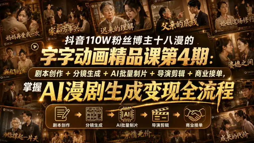 抖音110W粉丝博主十八漫的字字动画精品课第4期:剧本创作+分镜生成+剪辑+商业接单,掌握AI漫剧生成变现全流程(更新0916)-三禾网络
