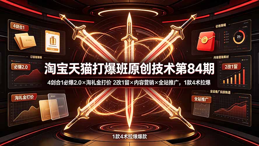 淘宝天猫打爆班原创技术第84期：4剑合1必爆2.0×淘礼金打价×2改1留×内容营销×全站推广，1款4术拉爆-三禾网络