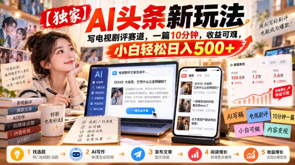【独家】AI头条新玩法，写电视剧评赛道，一篇10分钟，收益可观，小白轻松日入500+-三禾网络