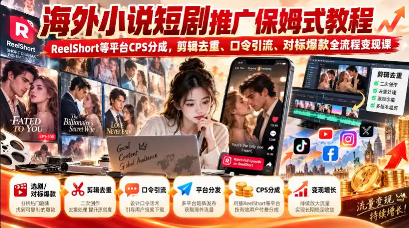海外小说短剧推广保姆式教程｜ReelShort等平台CPS分成，剪辑去重、口令引流、对标爆款全流程变现课-三禾网络