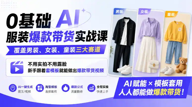 0基础AI服装爆款带货实战课｜覆盖男装、女装、童装三大赛道，不用实拍不用露脸，新手跟着套模板就能做出爆款带货视频(更新1010)-三禾网络