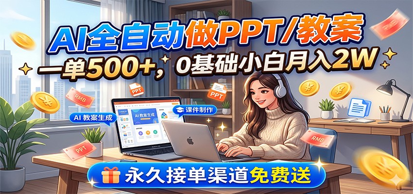 AI全自动做PPT/教案,一单500+,0基础小白月入2W,永久接单渠道免费送-三禾网络