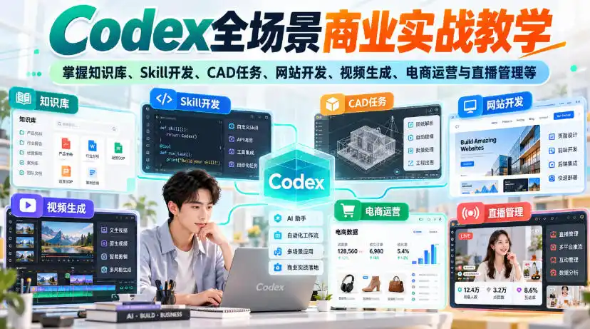 Codex全场景商业实战教学，掌握知识库、Skill开发、CAD任务、网站开发、视频生成、电商运营与直播管理等(更新1010)-三禾网络