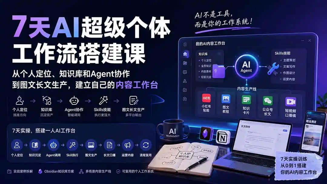 7天AI超级个体工作流搭建课：从个人定位、知识库和Agent协作到图文长文生产，建立自己的内容工作台-三禾网络