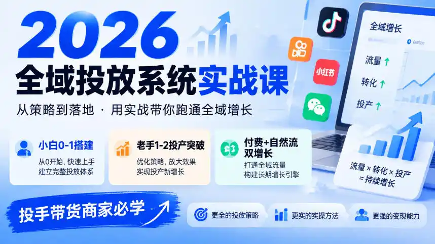 2026全域投放系统实战课，小白0-1搭建，老手1-2投产突破，付费+自然流双增长，投手带货商家必学-三禾网络