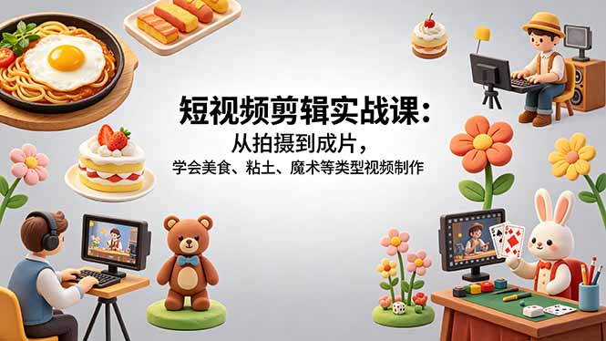短视频剪辑实战课：从拍摄到成片，学会美食、粘土、魔术等类型视频制作-三禾网络