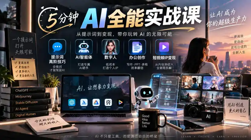 5分钟AI全能实战课|提示词高阶技巧+AI智能体+数字人+办公创作+短视频IP变现全教程 5分钟AI全能实战课|提示词高阶技巧+AI智能体+数字人+办公创作+短视频IP变现全教程