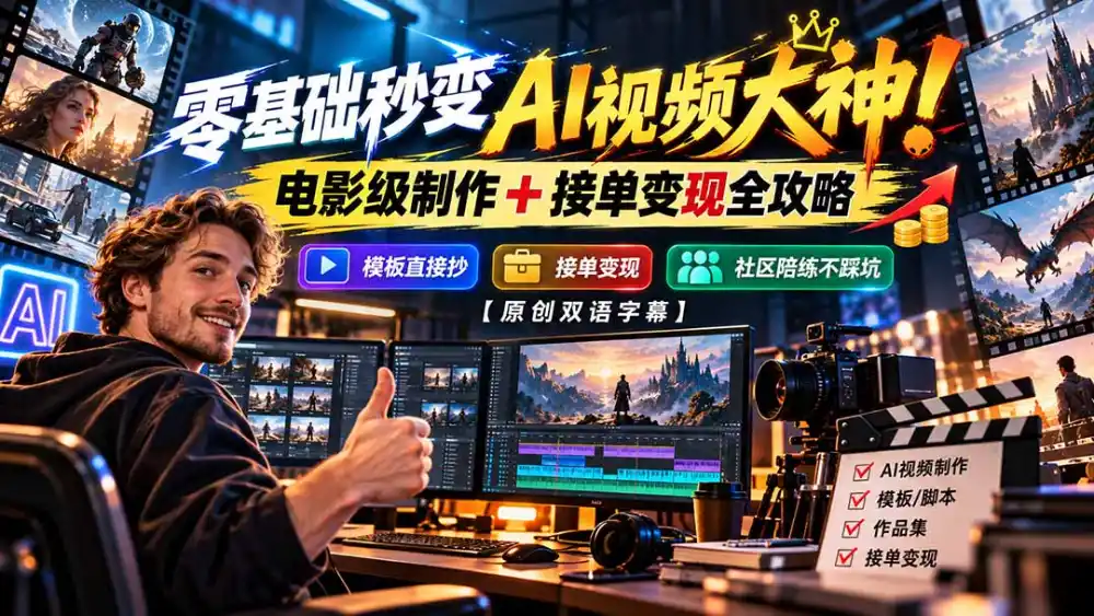 零基础秒变AI视频大神！电影级制作 + 接单变现全攻略，模板直接抄，社区陪练不踩坑【原创双语字幕】-三禾网络