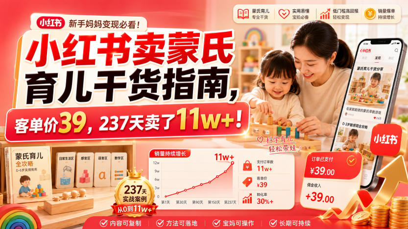 小红书卖蒙氏育儿干货指南，客单价39，237天卖了11w+！-三禾网络