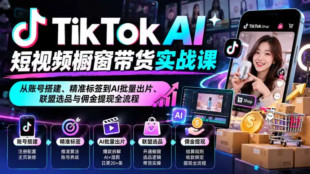 TikTok AI短视频橱窗带货实战课：从账号搭建、精准标签到AI批量出片、联盟选品与佣金提现全流程-三禾网络