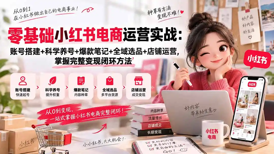 零基础小红书电商运营实战：账号搭建+科学养号+爆款笔记+全域选品+店铺运营，掌握完整变现闭环方法-三禾网络