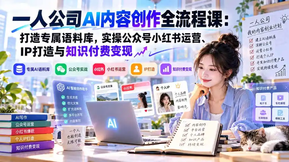一人公司AI内容创作全流程课：打造专属语料库，实操公众号小红书运营、IP打造与知识付费变现方法论-三禾网络