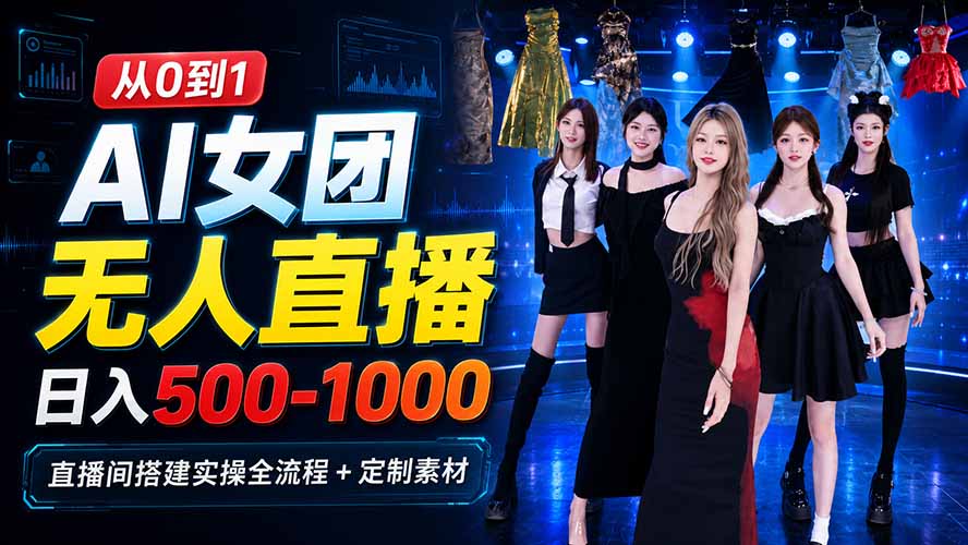 AI 女团无人直播，躺入500-1000每天，直播间搭建实操全流程+定制素材-三禾网络