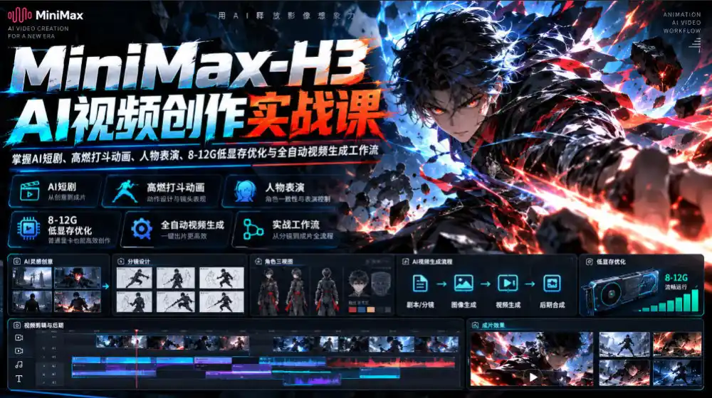 MiniMax-H3 AI视频创作实战课，掌握AI短剧、高燃打斗动画、人物表演、8-12G低显存优化与全自动视频生成工作流-三禾网络