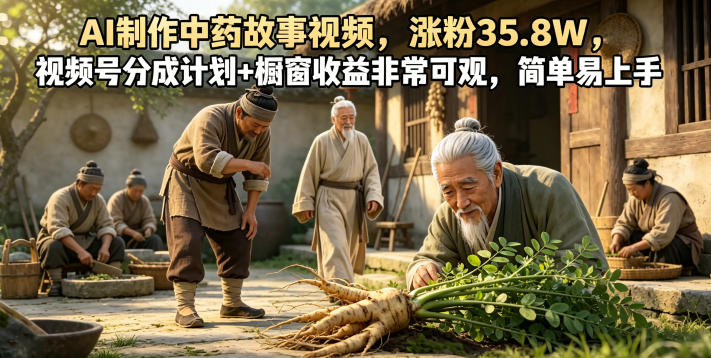 AI制作中药故事视频，涨粉35.8W，视频号分成计划+橱窗收益非常可观，简单易上手-三禾网络