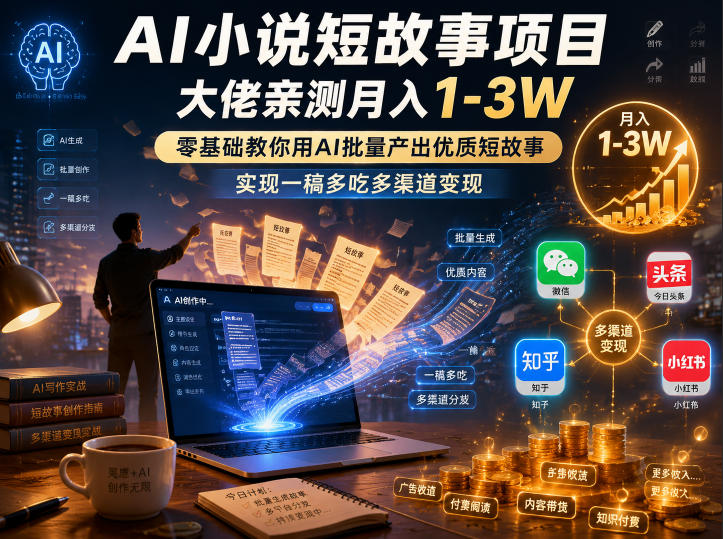 AI小说短故事项目，大佬亲测月入1-3W，零基础教你用AI批量产出优质短故事，实现一稿多吃多渠道变现(更新0824)