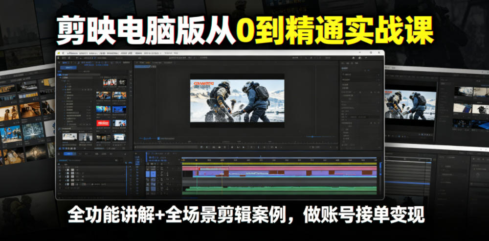 剪映电脑版从0到精通实战课，全功能讲解+全场景剪辑案例，做账号接单变现-三禾网络