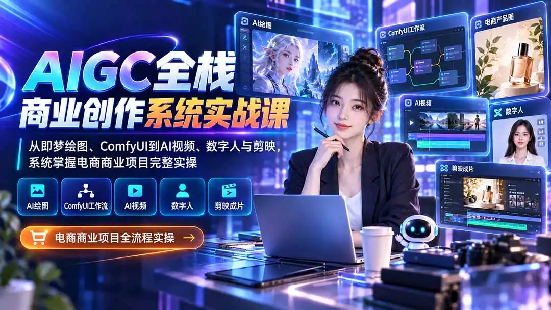 AIGC全栈商业创作系统实战课-无水印：从即梦绘图、ComfyUI到AI视频、数字人与剪映，系统掌握电商商业项目完整实操-三禾网络