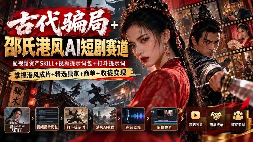 古代骗局+邵氏港风AI短剧赛道：配视觉资产SKILL+视频提示词包+打斗提示词，掌握港风成片+精选独家+商单+收徒变现-三禾网络