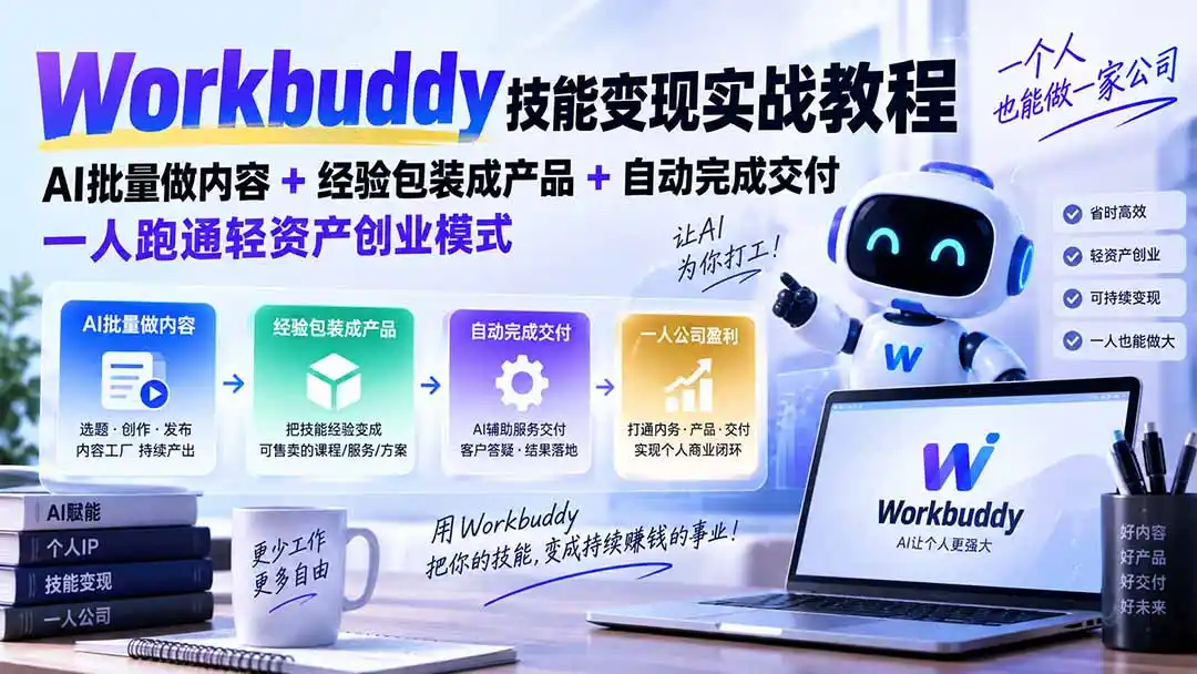 Workbuddy技能变现实战教程：AI批量做内容+经验包装成产品+自动完成交付，一人跑通轻资产创业模式-三禾网络
