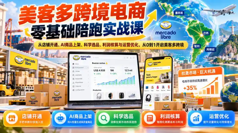 美客多跨境电商零基础陪跑实战课：从店铺开通、AI商品上架、科学选品、利润核算与运营优化，从0到1开启美客多跨境-三禾网络