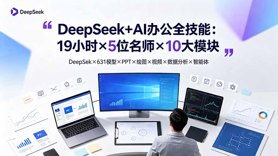 DeepSeek+AI办公全技能：19小时×5位名师×10大模块，DeepSeek×631模型×PPT×绘图×视频×数据分析×智能体-三禾网络
