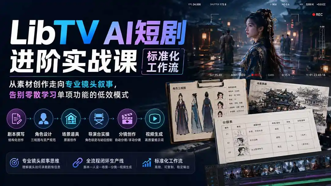 LibTV AI短剧进阶实操课标准化工作流；从素材创作走向专业镜头叙事，告别零散学习单项功能的低效模式-三禾网络